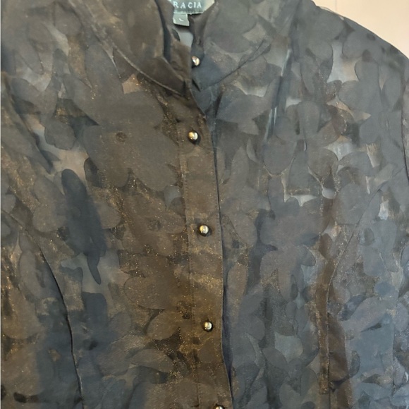 Garcia Women's Black Sheer Floral Blouse Bell Sleeves Peplum Ruffle Collar Large - Picture 4 of 6